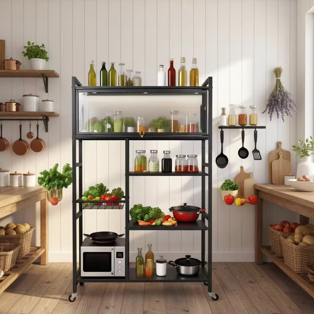 Étagère de cuisine multifonction avec roulettes et portes coulissantes