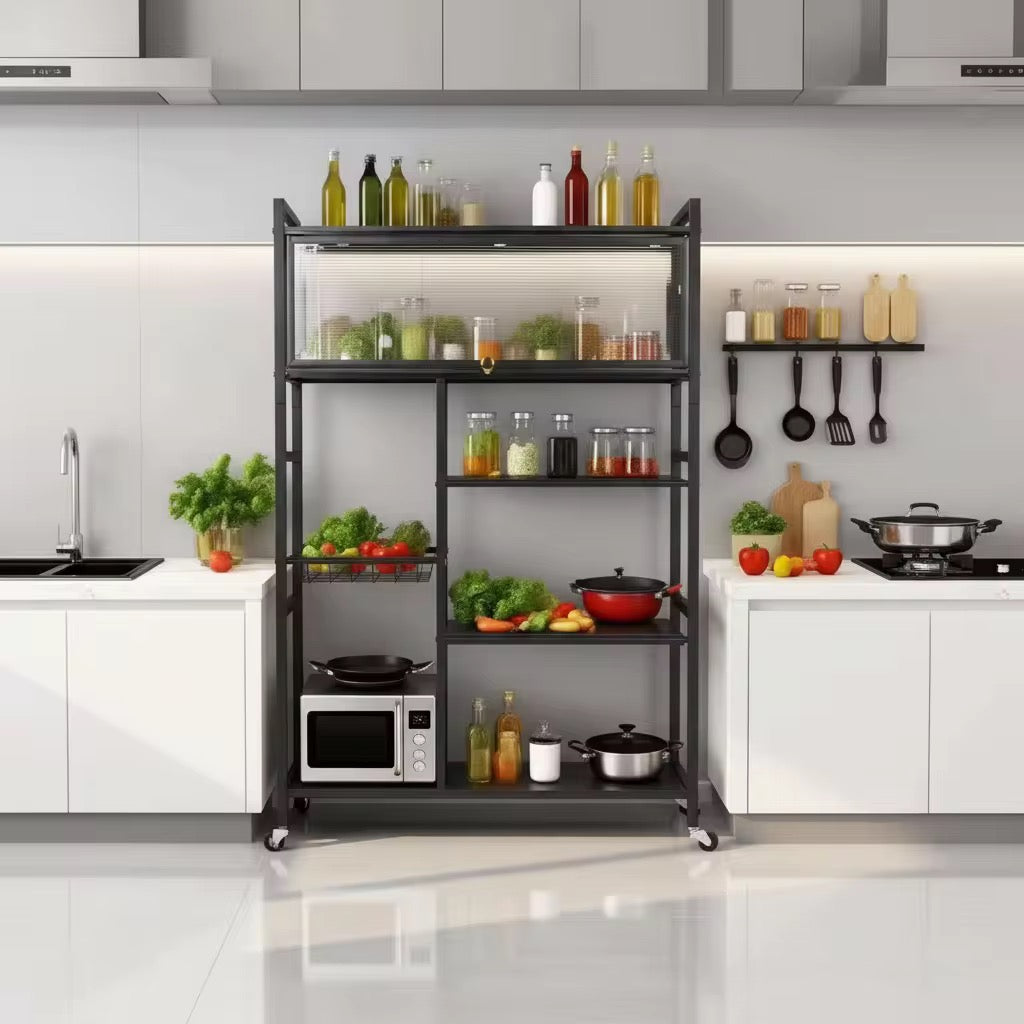 Étagère de cuisine multifonction avec roulettes et portes coulissantes
