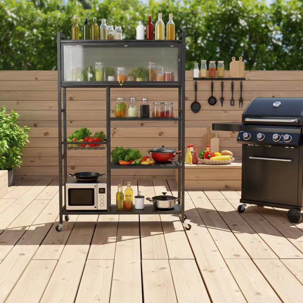 Étagère de cuisine multifonction avec roulettes et portes coulissantes