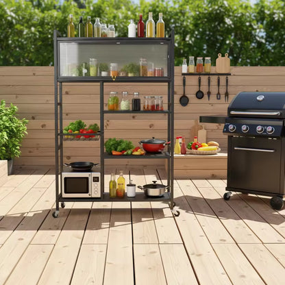Étagère de cuisine multifonction avec roulettes et portes coulissantes