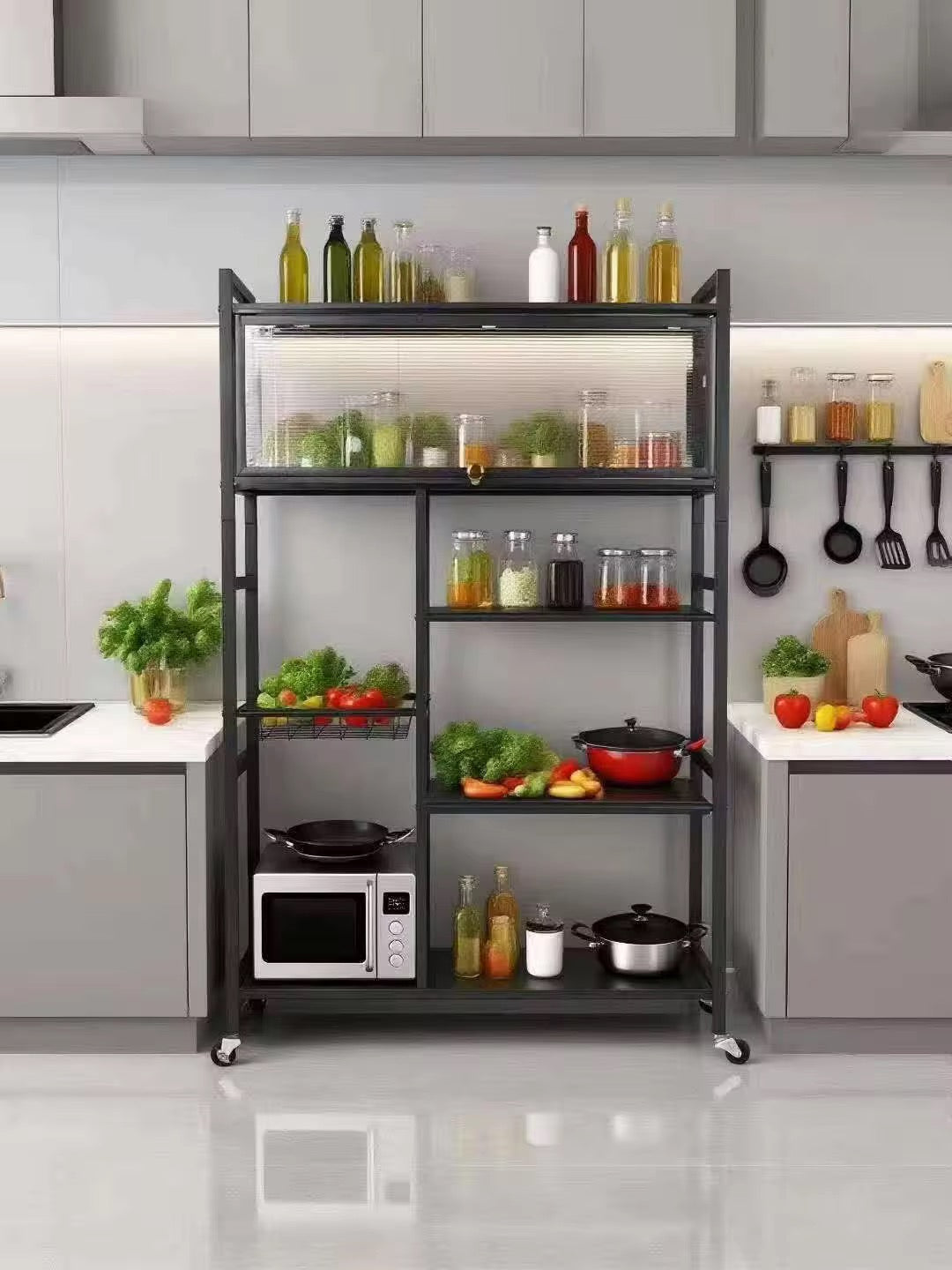 Étagère de cuisine multifonction avec roulettes et portes coulissantes