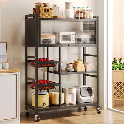 Étagère de cuisine multifonction avec roulettes et portes coulissantes