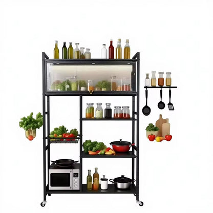 Étagère de cuisine multifonction avec roulettes et portes coulissantes