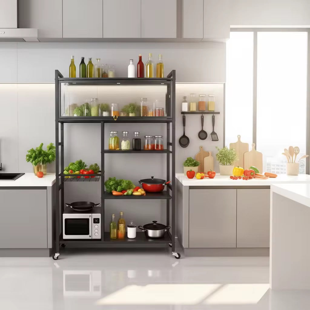 Étagère de cuisine multifonction avec roulettes et portes coulissantes
